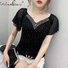 Summer Fashion Korean Clothes T-shirt V-Neck Diamonds Cotton Women Tops Ropa Mujer Ruffled Sleeve Tees All Match New T07601