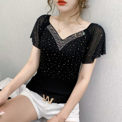 Summer Fashion Korean Clothes T-shirt V-Neck Diamonds Cotton Women Tops Ropa Mujer Ruffled Sleeve Tees All Match New T07601