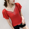 Summer Fashion Korean Clothes T-shirt V-Neck Diamonds Cotton Women Tops Ropa Mujer Ruffled Sleeve Tees All Match New T07601