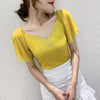 Summer Fashion Korean Clothes T-shirt V-Neck Diamonds Cotton Women Tops Ropa Mujer Ruffled Sleeve Tees All Match New T07601