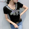 Summer European Style Cotton T-Shirt Fashion V-Neck Shiny Diamonds Women Tops Short Sleeve Back All Match Tees 2021 T13615A