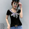 Summer European Style Cotton T-Shirt Fashion V-Neck Shiny Diamonds Women Tops Short Sleeve Back All Match Tees 2021 T13615A