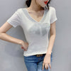 Summer European Style Cotton T-Shirt Fashion V-Neck Shiny Diamonds Women Tops Short Sleeve Back All Match Tees 2021 T13615A