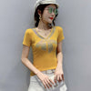 Summer European Style Cotton T-Shirt Fashion V-Neck Shiny Diamonds Women Tops Short Sleeve Back All Match Tees 2021 T13615A