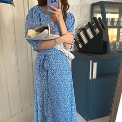 Alien Kitty Femme Lace-Up Thin Streetwear All Match New Long Dresses 2021 Blue Prom Casual V-Neck Printed Florals Vestidos