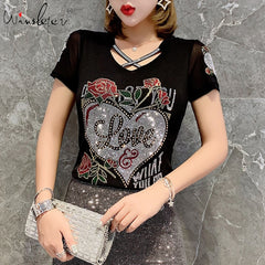 Summer Fashion Korean Clothes T-Shirt Hollow Out Diamonds Letter Rose Women Tops Patchwork Mesh All Match Tees 2021 T06633