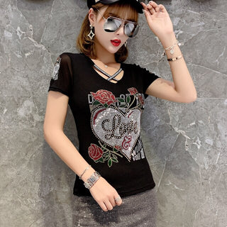 Summer Fashion Korean Clothes T-Shirt Hollow Out Diamonds Letter Rose Women Tops Patchwork Mesh All Match Tees 2021 T06633