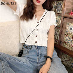 T-shirts Women Summer New Korean Style All-match V-neck Hollow Out Crop Tops Slim Shorts Sleeve Knitted Bodycon Solid Chic