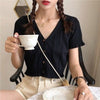 T-shirts Women Summer New Korean Style All-match V-neck Hollow Out Crop Tops Slim Shorts Sleeve Knitted Bodycon Solid Chic