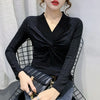 Fall Winter European Clothes T-Shirt Fashion V-Neck Drape Shiny Diamonds Women Tops All Match Tees New 2021 T00303A