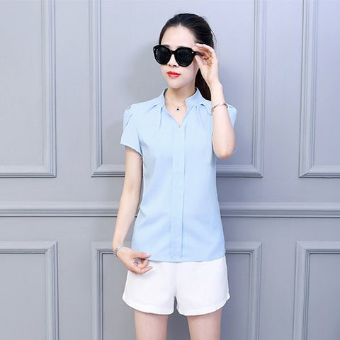 Summer Korean Fashion Womens Tops and Blouses Chiffon Women Blouses Short Sleeve White Office Lady Shirts Ladies Tops