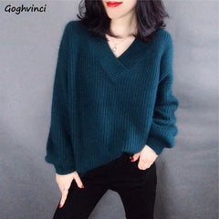 Women Pullovers Loose Big Size 3XL Plus Size V-neck Knitted Sweaters Fashion Retro All-match Elegant Ladies Outwear Casual